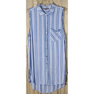 V-Neck Collared Sleeveless Blue White Stripe Button Shirt Dress/Cover-Up L
